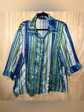 Picadilly Fashions Blouse Women’s XL Blue Multicolored Striped Sheer 3/4 Sleeve